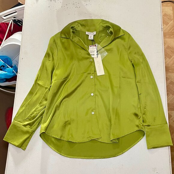 Rachel Zoe Lime Green Satin Silk Long Sleeve Button Down Blouse - Size L (NWT) - Picture 1 of 9